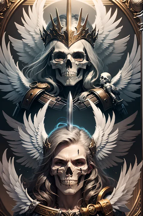 Create a logo with a combination of a skull, a knight, a sword, and an angel with wings --auto --s2