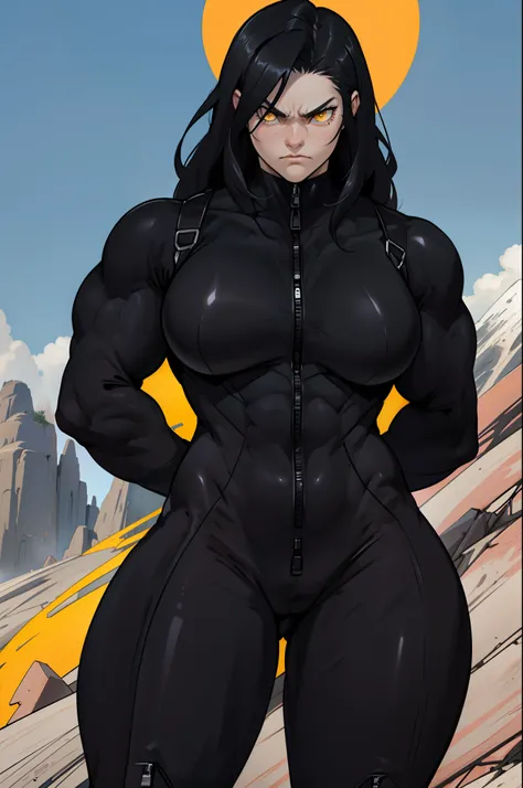 ((1 girl)), solo, black hair, extremely long hair, yellow eyes, (angry), pale skin, (((((((muscular))))))), ((thick thighs)), ((huge breasts)), ((((black body suit)))), (((wide hips))), mountain range background, (shiny skin)