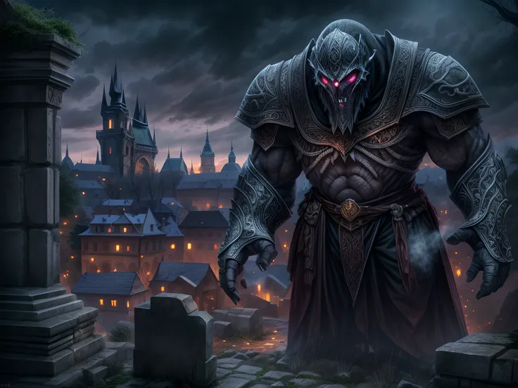 Dark fantasy art, Dark RPG art, (best detailed : 1.5), (best quality,ultra-detailed),(fantasy,imaginary) of the Golem in Prague guarding the Jewish cemetery at night, an epic clay Golem, massive body, Glowing Purple Eyes, massive arms, he is standing in th...