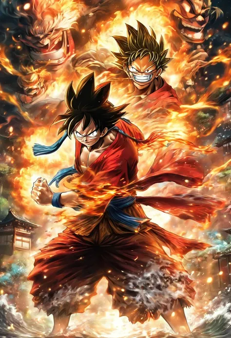 (best quality,ultra-detalhado,Realistic:1.37),Traditional Japanese background,epic illustration,incredible details,Pose feroz,Samurai Luffy em preto,vermelho,e branco