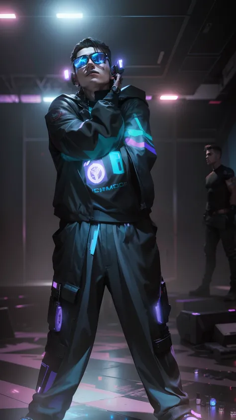 Handsome boy , cyberpunk , change backgroud as stage with lights , mic on hand , realistic face , 8k , ultra realistic