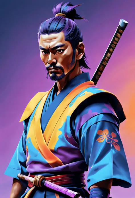 minimalistic, stylized digital painting of a male samurai , multilevel art, vivid colors, blue, yellow, violet, and orange color...