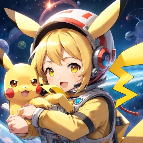 Playful and cute Pikachu in astronaut clothes，Liveliness and agility，yellow and soft hair，red blush，Big sparkly eyes，Cute pointed ears。(Pikachu:1.5)