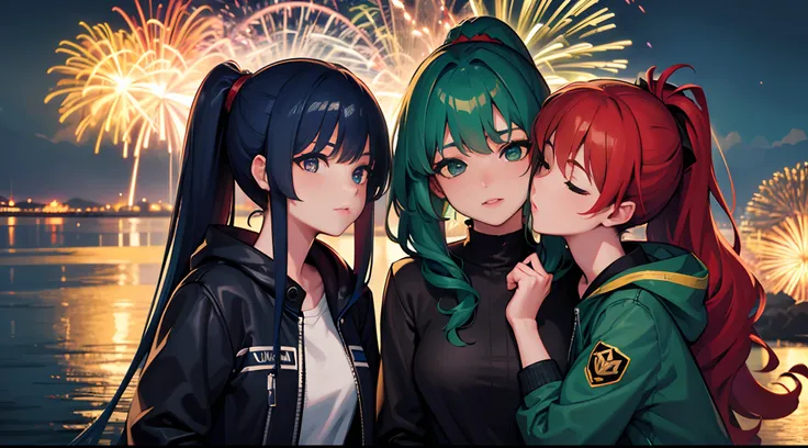 masterpiece, lots of detail, 4k, 8k, ((ultra-detailed)), highres, 2girls, fireworks, outerwear, kissing, eyes, closed, {red hair|green hair|black hair|blue hair}, {ponytail|short hair|long hair|curly hair}