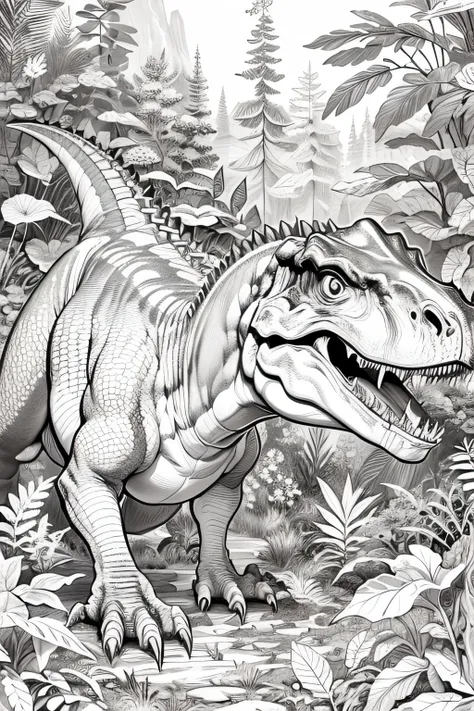 coloring page, no color, tyranosaurus rex, habitat natural , black and white,  low detail, no shading,no color, no shadow