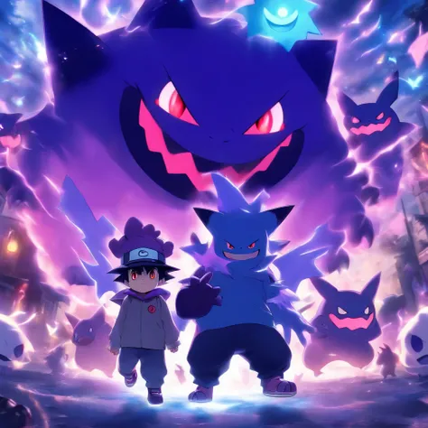 Gengar and Pokémon trainer with ghost hat，Highest image quality，Cinematic texture，A masterpiece，tmasterpiece，