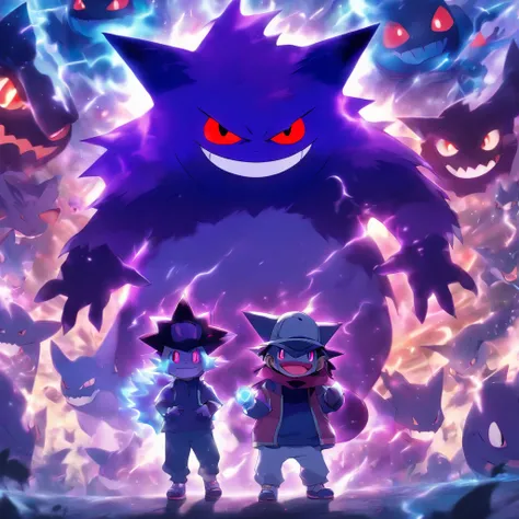 Gengar and Pokémon trainer with ghost hat，Highest image quality，Cinematic texture，A masterpiece，tmasterpiece，