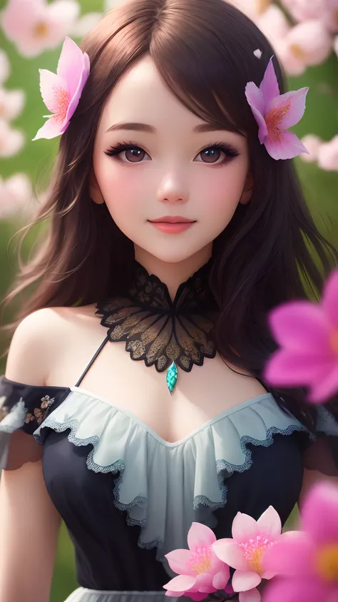 masterpice, (best quality), ((best detailed)), depth of field, a beautiful girl, beautiful face, nature, spirit, blossom, colorful landscape, flowers, butterflys, glowing dress, elements