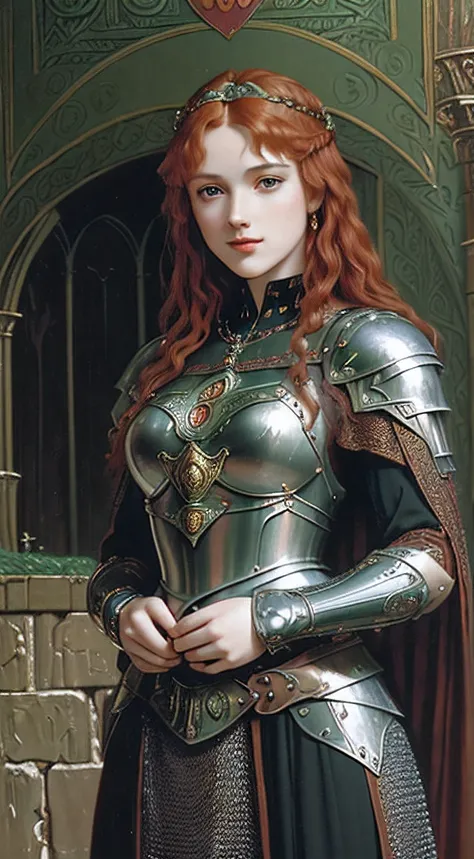 a young redhead and beautiful celtic Irish medieval princess, wearing and armored dress with chainmail and red cape, she has a warm and soft motherly smile, (((90s ultra detailed classic fantasy illustration))), full body portrait, (((pre-raphaelite oil pa...