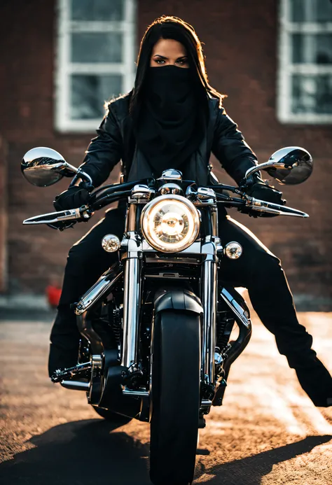 A beautiful female ninja, in a black hood, with a katana on her back, riding on a Boss Hoss V12, the worlds most powerful motorcycle. Boss Hoss V12 may not be suitable for everyday riding or practical use, it represents the pinnacle of power and performanc...