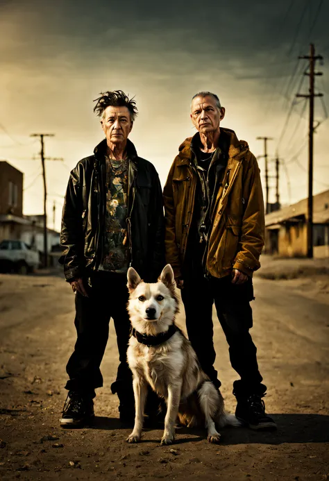 ((warped distortions, conceptual photography, individuals and abstract forms in tandem)), a couple of punk homeless standing with a dog, ((Todd Hido style)), stark minimalism, backlit lighting, warm color tones, pointofview, futurism, mixed media, sharp de...