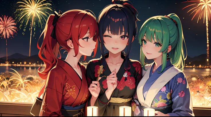 masterpiece, lots of detail, 4k, 8k, ((ultra-detailed)), highres, 2girls, fireworks, yukata, kissing, eyes closed, {red hair|green hair|black hair|blue hair}, {ponytail|short hair|long hair|curly hair}