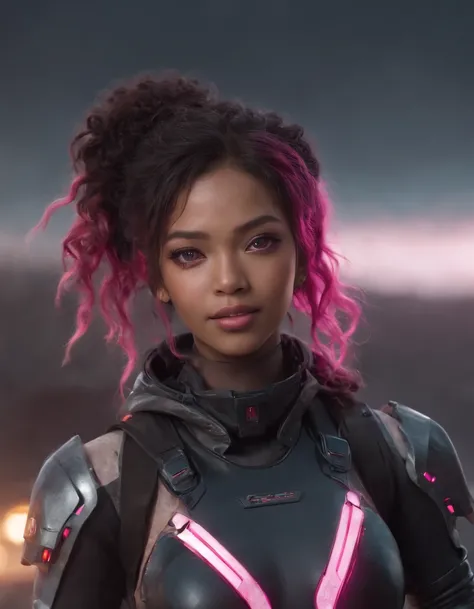 REALISTIC ANIME STYLE, JAPANESE ANIME, REAL ANIME, RAGE UNLEASHED, CRAZY SMILE, HAPPY, INSANE, afro asian cute woman cyborg soldier HEAVY CYBERNETIC ARMOR, NEON PINK SNIPER RIFFLE, SNIPER RIFLE glowing PINK eyes,BIG COOL CYBERNETIC HOODIE JACKET WITH NEON ...