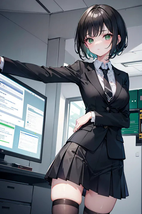 1 girl, short black hair, green eyes, wearing office suit, short skirt, working in an office, hi res, ultra sharp, 8K, masterpiece, looking at viewer.