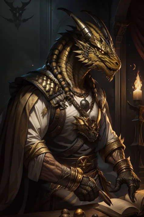 beaultifull Dragonborn de ouro, sozinho, olhos amarelos, macho, sentado, Foco masculino, chifres, dente, dentro, armadura, livro, brilhante, sorrir, armadura de ombro, manoplas, pauldrons, vela , ((master part, best quality)), Muscle