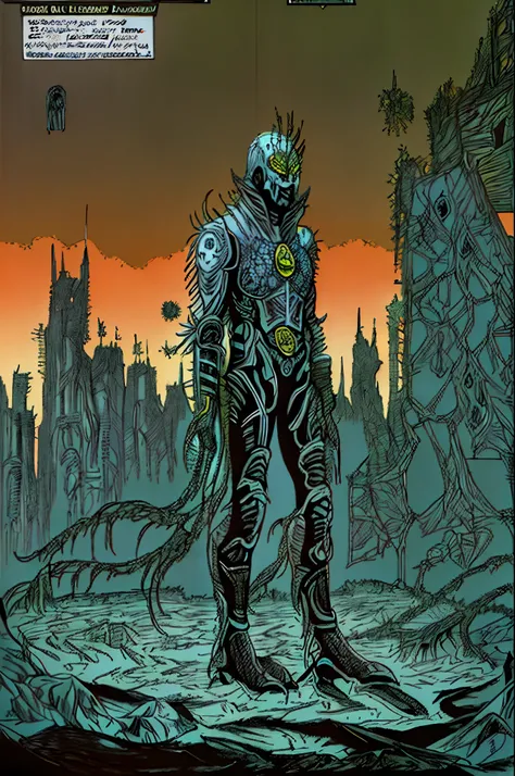 weird edgy superhero, standing, solo, full body, dark, mysterious, surreal, powerful, dramatic lighting, intense colors, comic book style, 60s,methurlant intricate surreal gritty atmospheric cinematic stylized contrast comic eerie cybernetic futuristic, bi...