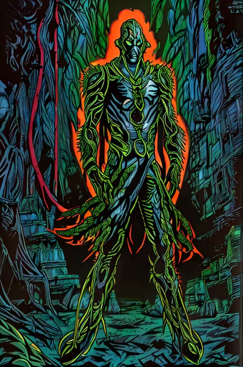 weird edgy superhero, standing, solo, full body, dark, mysterious, surreal, powerful, dramatic lighting, intense colors, comic book style, 60s,methurlant intricate surreal gritty atmospheric cinematic stylized contrast comic eerie cybernetic futuristic, bi...