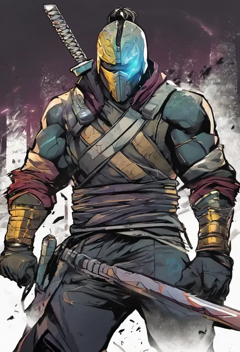 Man with a mask and holding a sword, katana, imagem de um guerreiro masculino adulto, Hanzo de Overwatch, Johnny Silverhand, badass anime 8 k, muscular male hero, samurai Cyberpunk muito bonito, Personagem de Mortal Kombat criando fogo, Retrato de um samur...