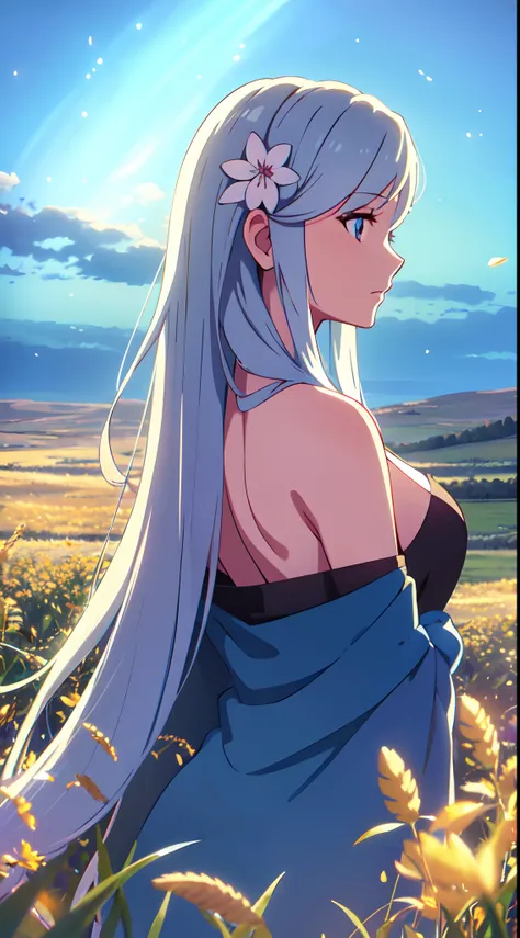 masterpiece, best quality, 1lady, solo, really long hair, white hair, (flowers hair ornament), light blue eyes, necklace, earrings, night, Vast sky, beautiful skyline, fireflies, fantasy, off shoulder blue dress, night scenery, behind view, back view, look...