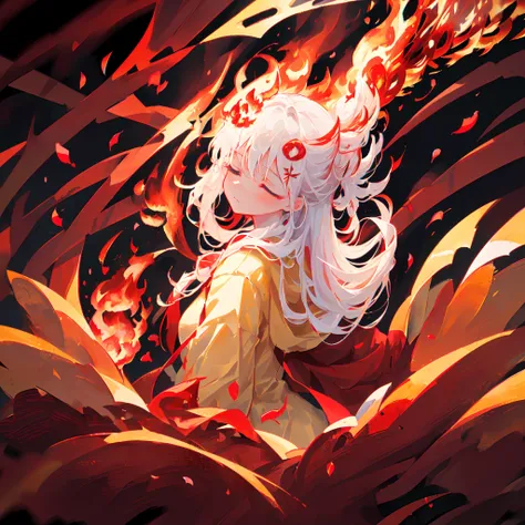 ((solo)), ((close-up side profile of a girl with (eyes closed))), detailed face, ((head tilted up)), (long white hair that is tied up with a flower hair ornament), flowing hair, (burning flowers, fire), (lots of floating petals and flowers, motion blur), (...