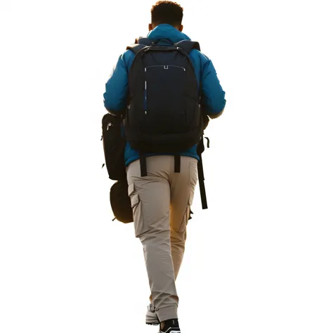 Theres a man with a backpack walking down the street, distant full body view, com uma mochila, zoomed out full body, o homem tem uma mochila, um homem usando uma mochila, walking away from camera, tiro traseiro centralizado de corpo inteiro, homem andando,...