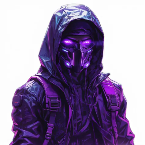 male character,hood,cyberpunk,mask,time traveler,purple neon,green backpack,green light,best quality,ultra-detailed,photorealistic,purple tint,glowing eyes,technological background,wireless earphones,hairstyle with neon highlights,urban environment,mysteri...