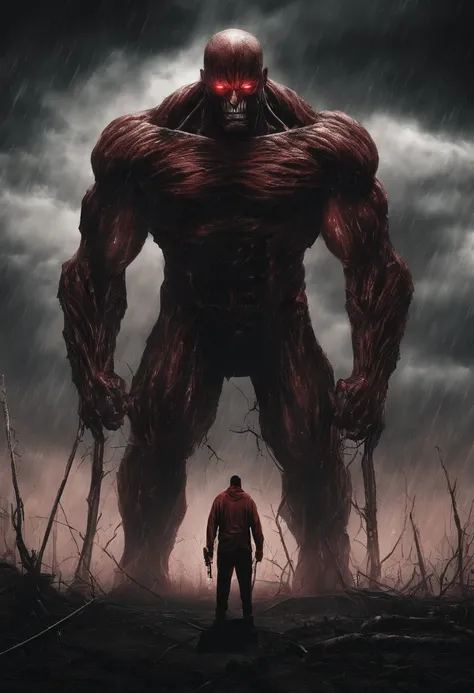 colossal titan with red eyes that controls lightning and storms