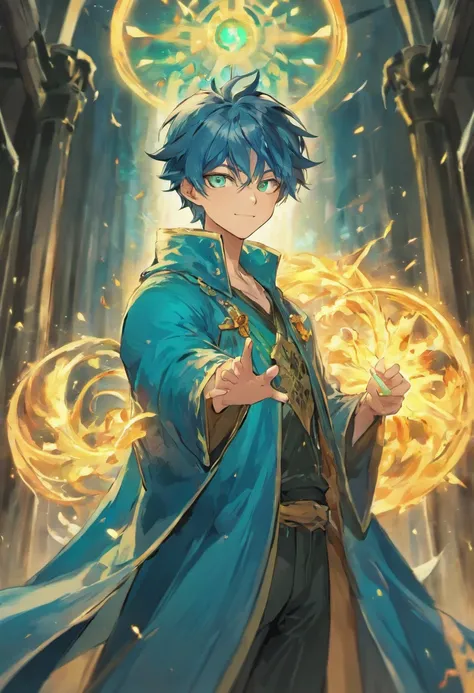 Handsome male, muscular, blue hair, green eyes, fantasy setting, robes, wizard staff, smile