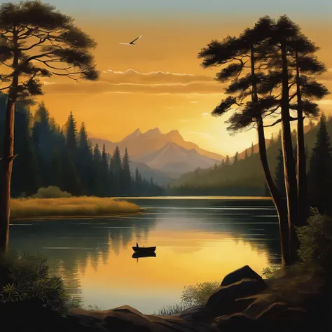 (a complex landscape,boat and a valley),oil painting,wild and rugged mountains,serene lake reflection,tall and majestic pine trees,glowing golden sunlight,soft and gentle waves,lush greenery,peaceful atmosphere,subtle mist and fog,meticulously painted deta...