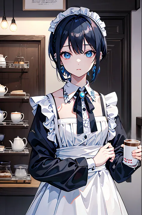 ((8K、high-level image quality、Master Pieces))1人の女性、Black hair blue inner color、Light blue eyes、ear piercings、maid clothes、Coffee shop background