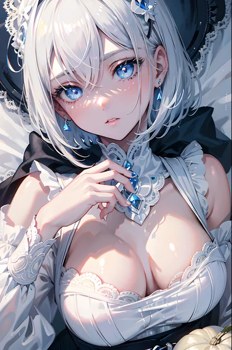 teens girl　　short silver hair　blue eyess　White lace dress　Halloween　Eating pumpkin cake　​masterpiece　Top image quality　Clear　cinematic shadow　Increased attractiveness of the eyes　Clear the shine of the eyes　Draw eyelashes neatly　Perfect Eye　A detailed eye　...