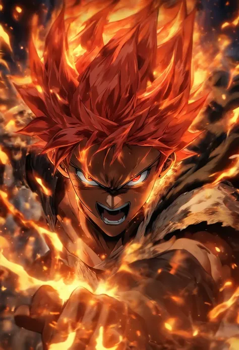 Anime character with red hair and red eyes staring at camera, an anime drawing by Shingei, Tumbler, shin hanga, roguish smirk, Portrait of Hisoka Hunter Hunter, Screenshots of Black Clover, handsome guy in demon slayer art, orange - haired anime boy,Murata...