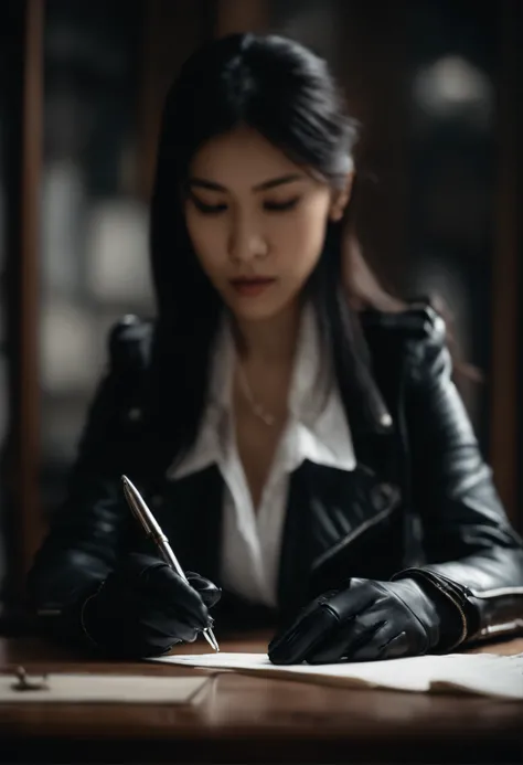 Wearing black leather gloves on both hands, Upper body, Black leather riders jacket, Writing a letter with a fountain pen on the desk, Black hair, Long Straight, Young japanese lady