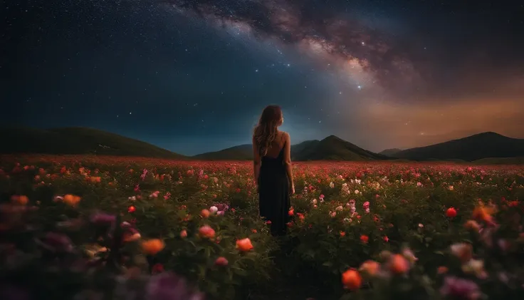 Paisagem 4k, Estrelas bonitas no fundo, parece um sonho, sky looking extremely beautiful, Ultra resolution, perfect lighting, dark space, space photo, extremamente bonito, Mundo de fantasia, Girl standing on flowers, looking at the sky, dark vibes, Perfect...