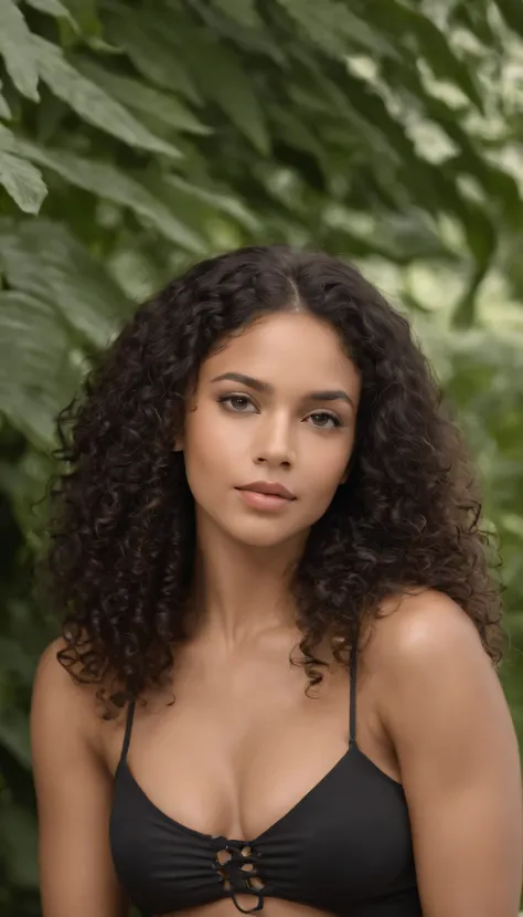 A beautiful and amazing black Brazilian woman，Portrait of the upper body，Kostenlose Locken, schwarzes lockiges Haar, (dunkles, Shorter, lockiges Haar), Wildes schwarzes langes lockiges Haar, Multiversales Haar, Brasilianisch, Kurzes schwarzes lockiges Haar...