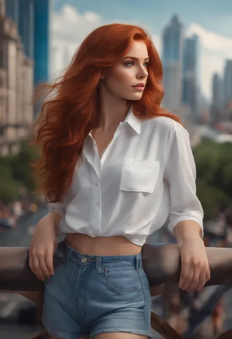 1girl, large redhair, blue eyes, wearing plain white shirt, denim shorts, city, absurdres, high res, ultrasharp, 8K, masterpiece, looking at viewer