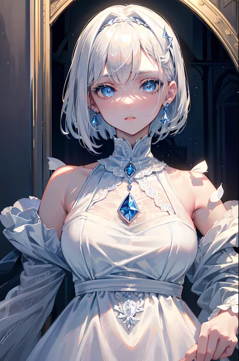 teens girl　　short silver hair　blue eyess　White lace dress　Halloween　Eat pumpkin cake at the castle　​masterpiece　Top image quality　Clear　cinematic shadow　Increased attractiveness of the eyes　Clear the shine of the eyes　Draw eyelashes neatly　Perfect Eye　A de...