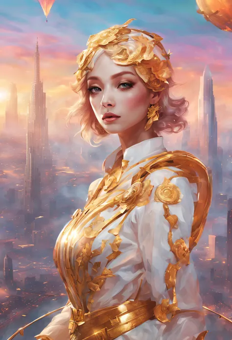 the most attractive enthusiatic female soul sphere gold and colorful, enthusiastic, serene, eyes open, astonishing, over a futuristic city, pastel skys, air ships, sanctuaries, colorful