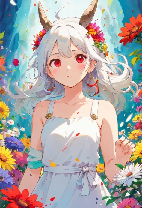 masuter piece、High quality、White Dress、 1 girl in、Colorful ink splattered、Surrounded by many flowers、colourfull、Dynamism、friendly、demonic horns、Red Eyes、