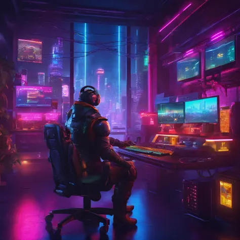 Gaming room, men sitting in gaming chair using computers full of codes, table full of gaming pcs, perfect lights, dark space, dream looking