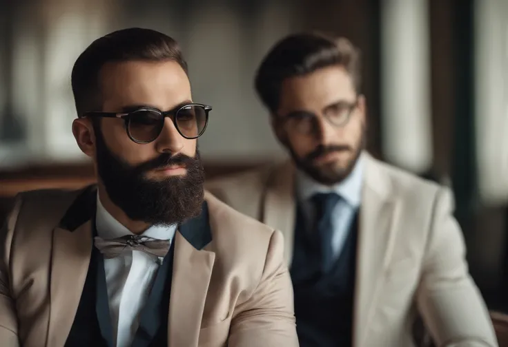 a psychologist. jovem barbudo malhado definido e atraente sentado e olhando para frente serenamente,barba bem cuidada,serene facial expression,eyeglass,Traje profissional,tranquilo e sereno,compreensivo