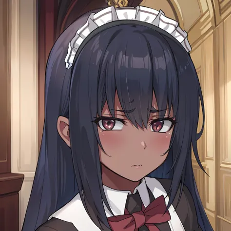 hiquality, tmasterpiece (One maid girl) Stern face.  Narrow mouth. A look of contempt. furrowed brow. dark colored hair. brown eye. suntanned skin. lowered eyes.