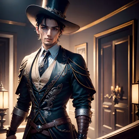 ultrarealistic art photography, highly gothic scene, photo, a gothic stage magician in modern black tux and top hat, high cheek bones, aged 25, handsome charming ivory skinned, , Rembrandt perfect eyes, blue-eyed, clean-shaven modern tall with a short back...