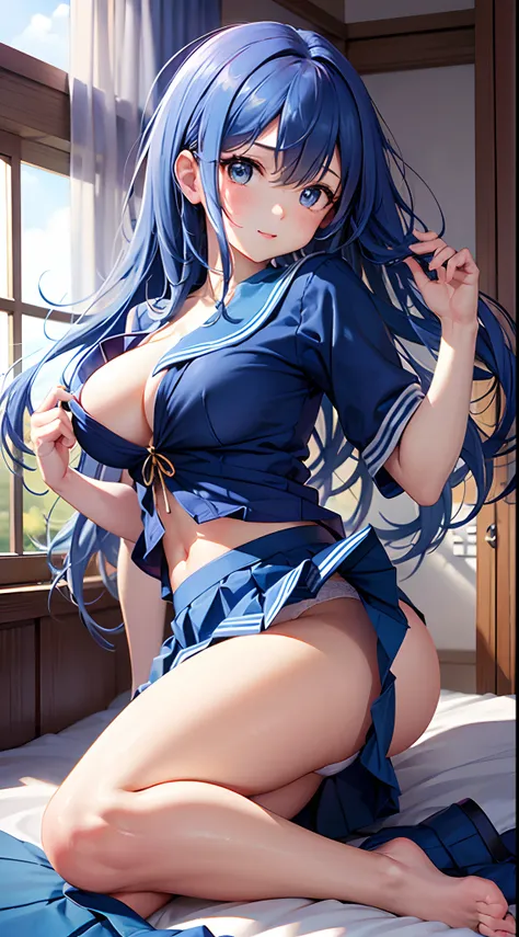 Beautiful illustration、top-quality、Cute little girl s、Bedroom、A blue-haired、length hair、(((blue pleated skirt)))、(((blue sailor suit)))、shortsleeves、Colossal tits、a navel、Flipping up the skirt with your hands、Show white panties、Pull up your skirt and show ...