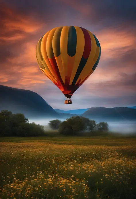 Mythical balloon lost in the clouds, Dandelion oasis, dramatic sunset clouds, The name on the balloon is "Aventutas nas Alturas"