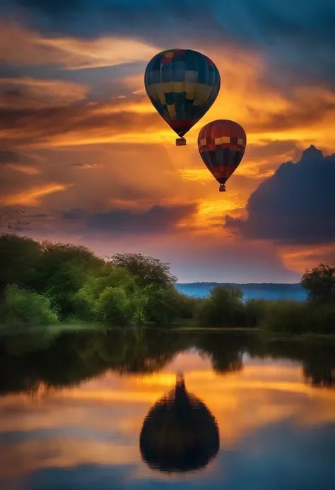 Mythical balloon lost in the clouds, Dandelion oasis, dramatic sunset clouds, The name on the balloon is "Aventutas nas Alturas"