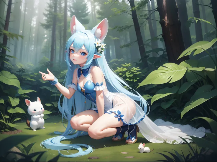 In the forest、There is a small white rabbit with long ears,  White long ears、Im with a pretty girl with long blue hair。It is a cute costume in white and blue。Dark eyes。cute forest creature, Cute mushrooms also grow、Adorable Digital Painting, cute detailed ...