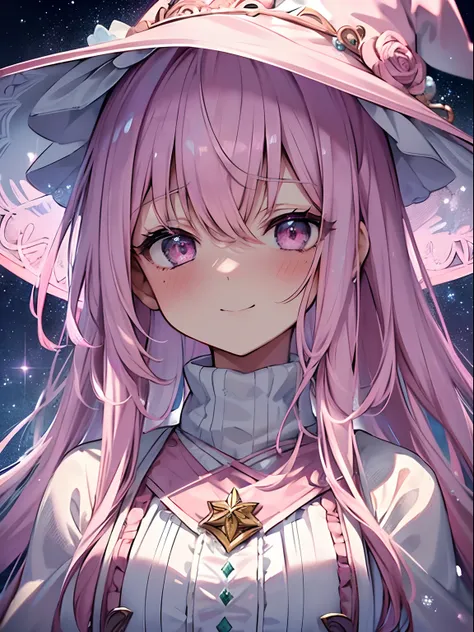 (masterpiece,best quality,ultra-detailed),1girl,white and pink hair,beautiful and detailed face, detailed eyes,pink witch hat,pink witch outfit,looking at viewer,blushing, embarrassed, nervous smile,(grey and pink theme), night,starry background