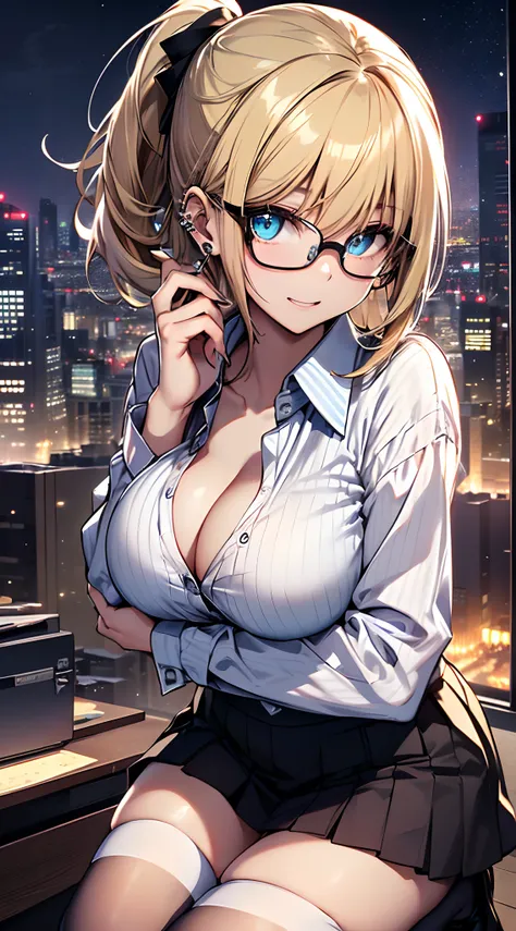 top-quality、Top image quality、in 8K,4K,​masterpiece、ultra-detailliert、Beautiful、ultra-quality、５Finger、cute little、girl with((18year old、Cutter shirt:1.4、Tight mini skirt:1.3、Stockings:1.3、Bust 92、a blond、disheveled ponytail、Hair stuck to the skin、Blue eyes...