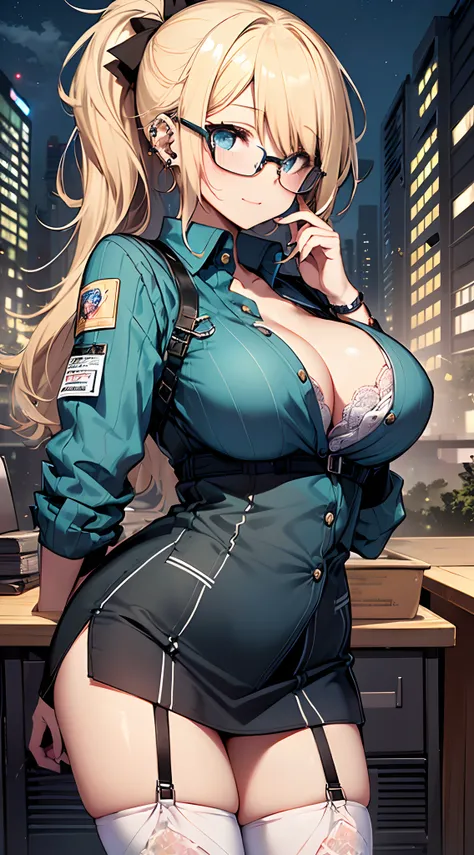 top-quality、Top image quality、in 8K,4K,​masterpiece、ultra-detailliert、Beautiful、ultra-quality、cute little、girl with((18year old、Cutter shirt:1.4、Tight mini skirt:1.3、stockings:1.3、Bust 92、a blond、disheveled ponytail、Hair stuck to the skin、Blue eyes、eye gla...